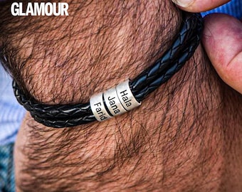 Bracelet en cuir tressé pour homme personnalisé, bracelet pour papa avec noms d'enfants, bracelet en cuir gravé pour homme, bracelets de perles personnalisés pour homme