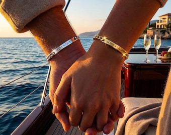 18k Gold and Silver Matching Couples Bracelets Engraved Name,Coordinate,Date Engraved matching Bracelets for Couple-His & Hers Bracelets
