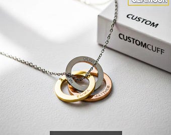 Collier cercles entrelacés personnalisé en or véritable 18 carats - collier personnalisé plusieurs noms en plaqué or 18 carats-2 prénoms d'enfant maman de 3 prénoms d'enfant maman