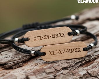 Custom Roman numerals Wooden Couples Bracelets Set Of 2, Custom Matching Bracelets-Personalized Date Anniversary Gift,His And Hers Bracelets