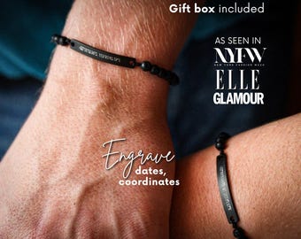 Personalized Lava Bracelet, Custom Coordinates Bracelet For Couples, Black Beaded Engraved Customized Bracelet for Him Sweatproof Waterproof