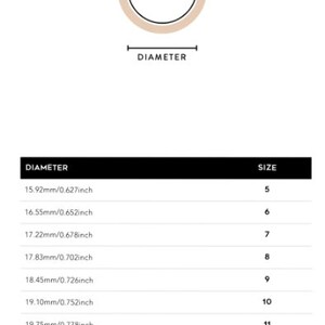 Puede incluir: Un gr&aacute;fico que muestra los tama&ntilde;os de los anillos y sus di&aacute;metros correspondientes en mil&iacute;metros y pulgadas. El gr&aacute;fico muestra las tallas 5 a 12, con di&aacute;metros que van de 15,92 mm a 20,37 mm.