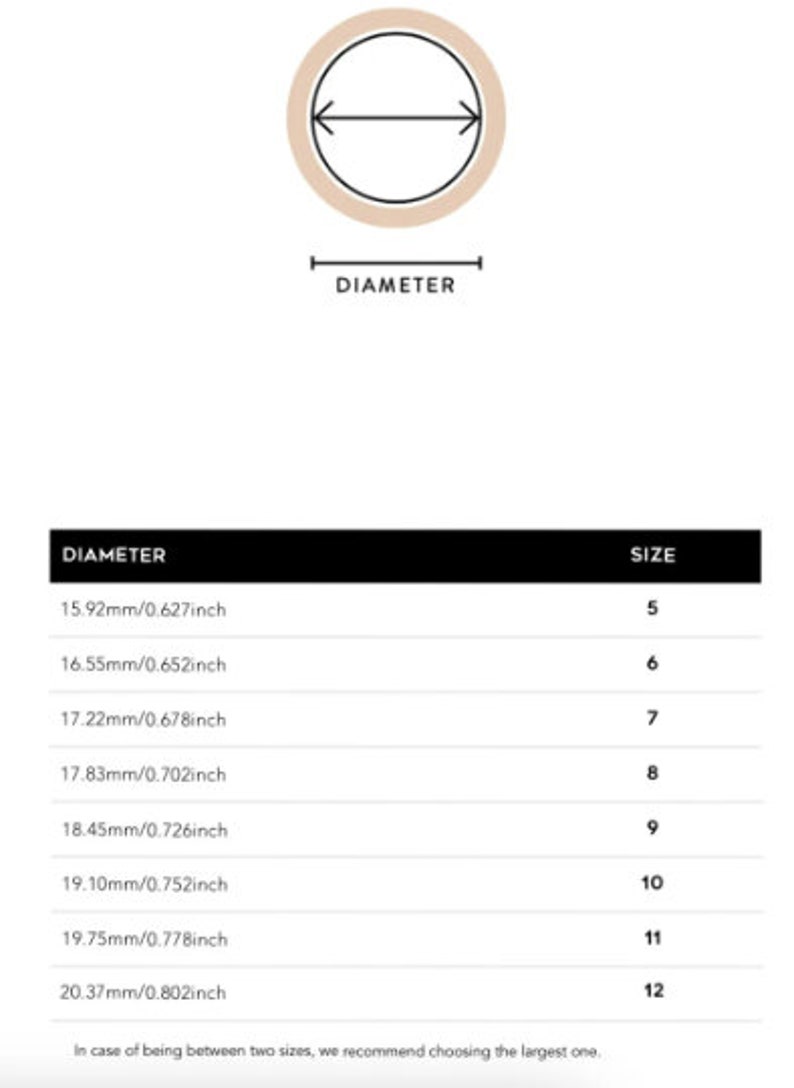Puede incluir: Un gr&aacute;fico que muestra los tama&ntilde;os de los anillos y sus di&aacute;metros correspondientes en mil&iacute;metros y pulgadas. El gr&aacute;fico muestra las tallas 5 a 12, con di&aacute;metros que van de 15,92 mm a 20,37 mm.