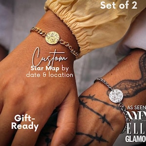 Braccialetti coordinati per coppie, set di 2 gioielli personalizzati per coppia, braccialetti con mappa stellare incisa, regalo di coppia personalizzato, bracciale unico per partner.