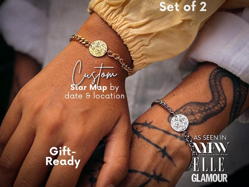 Matching Couples Bracelets Set Of 2 Personalized Jewelry for Couple Engraved Star Map Bracelets, Custom Couple Gift Unique Partnerarmband