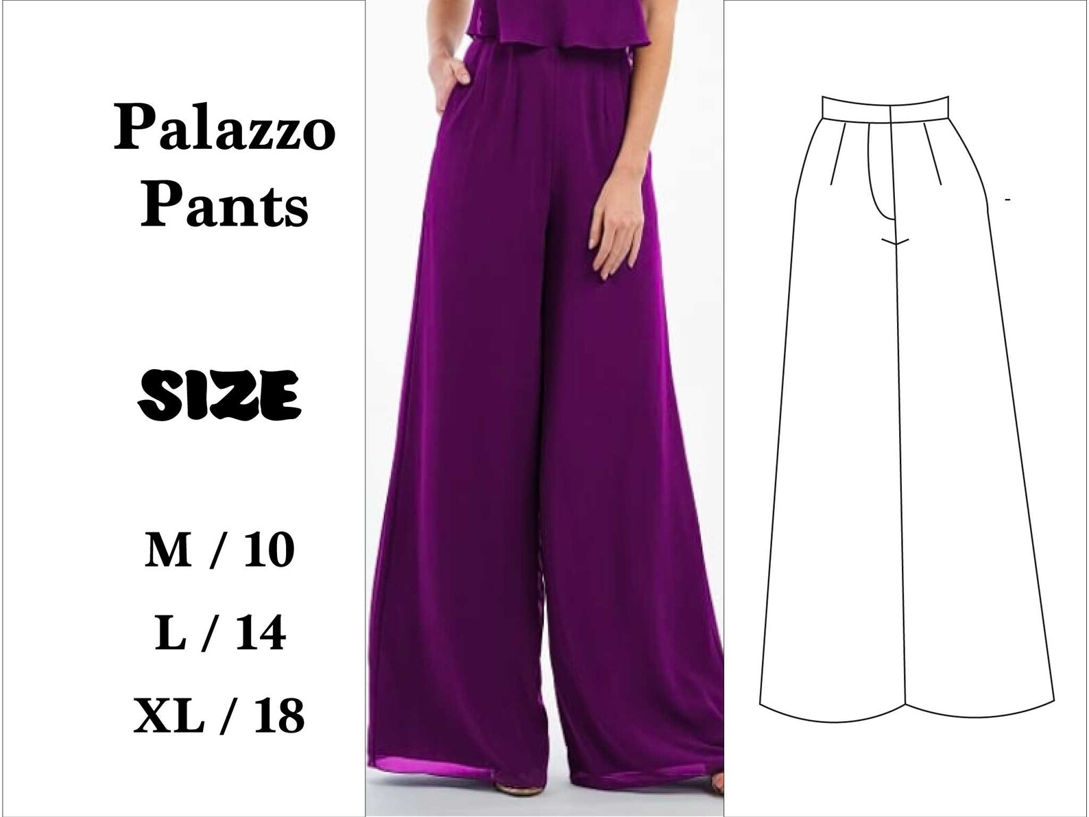 Wide Leg Palazzo Pants M L XL PDF Sewing Pattern High Waisted | Etsy