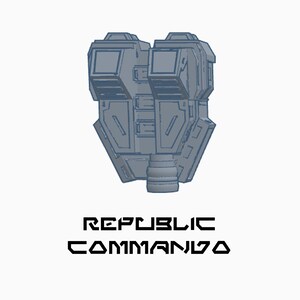 May include: A gray 3D model of a spaceship with the text "REPUBLIC COMMANDO" printed below it.