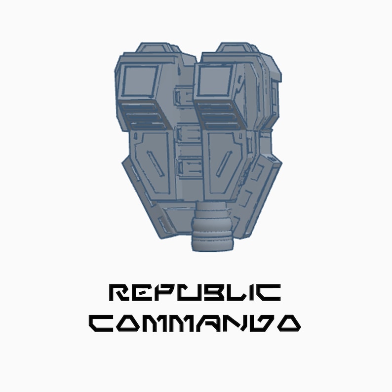 May include: A gray 3D model of a spaceship with the text "REPUBLIC COMMANDO" printed below it.