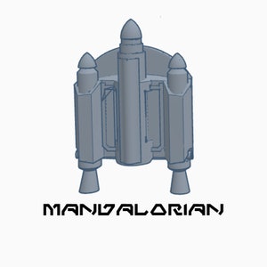 May include: A 3D printed model of a Mandalorian's Razor Crest spaceship. The model is gray and has a detailed design. The text "MANDALORIAN" is printed below the model.