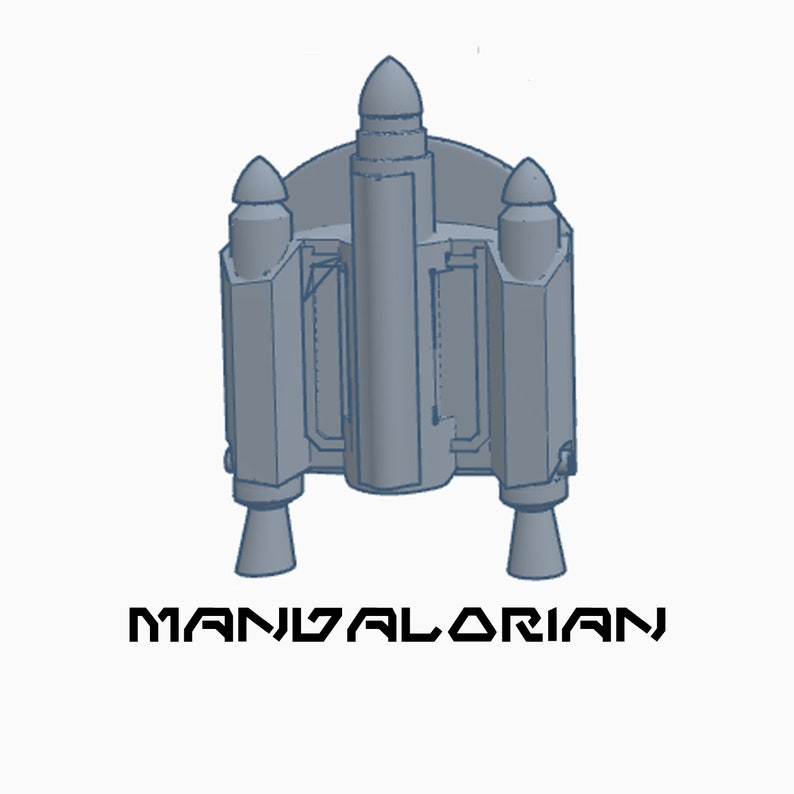 May include: A 3D printed model of a Mandalorian's Razor Crest spaceship. The model is gray and has a detailed design. The text "MANDALORIAN" is printed below the model.