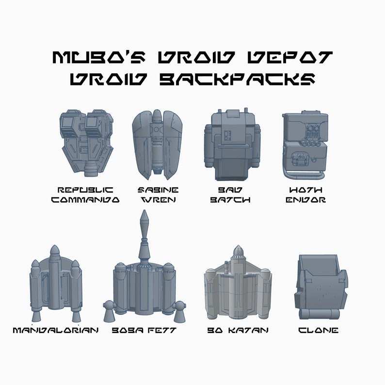 May include: A set of eight different Star Wars droid backpacks, including Republic Commando, Sabine Wren, Bav Batch, Hoth Endor, Mandalorian, Boba Fett, Bo Katan, and Clone. The backpacks are all gray and have different designs.
