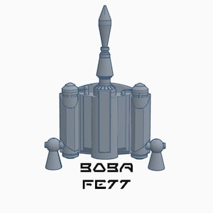 May include: A gray 3D model of Boba Fett's spaceship, the Slave I, with a pointed top and two side wings. The text "BOBA FETT" is printed below the model.
