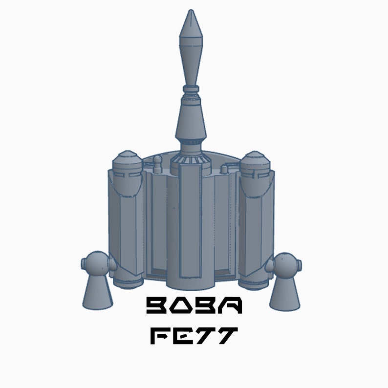 May include: A gray 3D model of Boba Fett's spaceship, the Slave I, with a pointed top and two side wings. The text "BOBA FETT" is printed below the model.