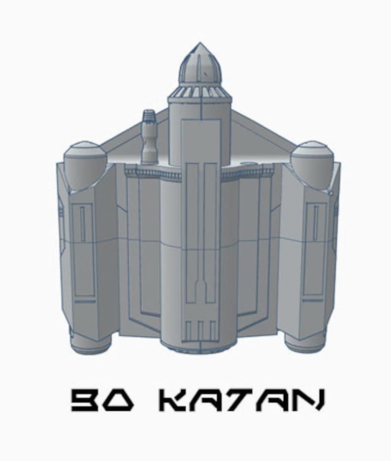 May include: A gray 3D model of a spaceship with a domed top and a rectangular body. The model is labeled "BO KATAN".