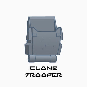 May include: A gray and blue illustration of a Star Wars Clone Trooper helmet. The text "CLONE TROOPER" is below the helmet.