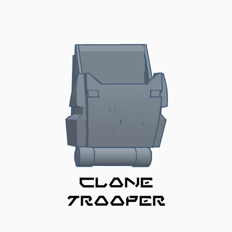 May include: A gray and blue illustration of a Star Wars Clone Trooper helmet. The text "CLONE TROOPER" is below the helmet.