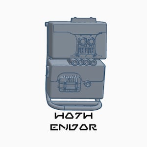 May include: A gray, boxy, mechanical device with a handle and a series of pipes and tubes. The device has a label that reads "HOTH ENJIOR".