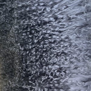May include: A close-up shot of a grey, textured fabric with a dense, curly pattern. The material has a soft, fluffy appearance, with varying shades of grey creating depth. The tightly packed curls give the fabric a luxurious look and feel.