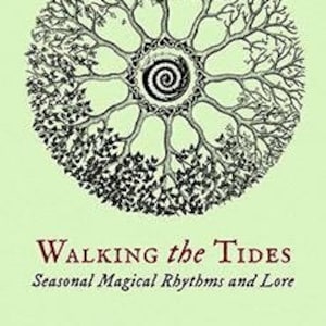 May include: A book cover featuring the title "Walking the Tides" by Nigel G. Pearson. The cover has a light green background with a circular tree design in the center. The tree design is black and white with a spiral in the center.