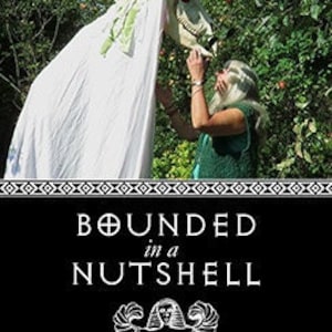 May include: A book cover with a black background and white text that reads "BOUNDED in a NUTSHELL Lockdown, Magic & Infinite Space" by VAL THOMAS. The cover features a white horse head with a green and white cloth draped over it. A person in a green dress is kissing the horse's head.