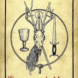 May include: Book cover with a black and white illustration of a deer skull, a goblet, a dagger, and a rope. The title of the book is "Treading the Mill" and the subtitle is "Workings in Traditional Witchcraft". The author's name is Nigel G. Pearson.