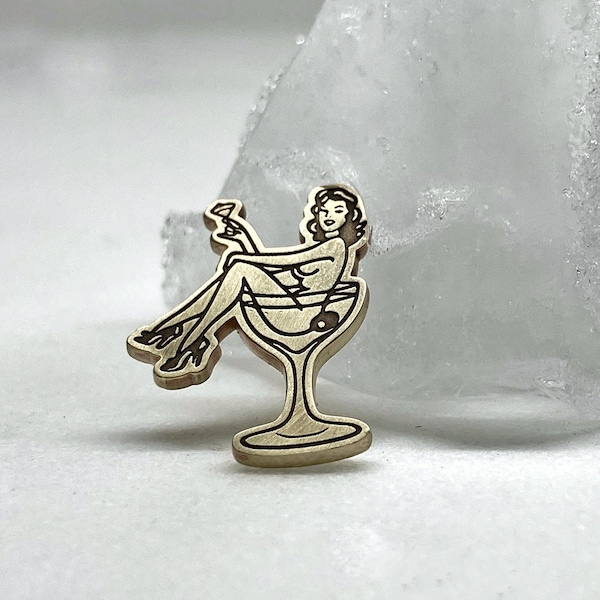 Handmade Pin-Up Girl in Martini Glass - Lapel Pin - Unisex Gift
