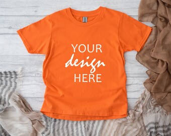 Kids Orange Gildan Shirt Mockup Child Tshirt Mockup Fall Mockup Autumn Tee Unisex Tshirt Mockup Stock Photo JPG Digital Download