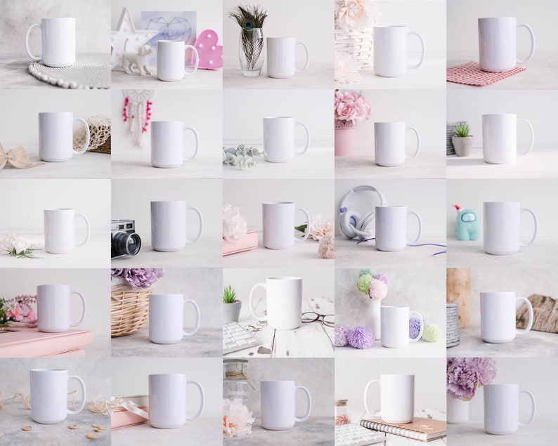 May include: A collection of 25 white ceramic mugs arranged in a grid pattern on a white background. The mugs are all the same size and shape, and they are all empty.