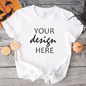 Biała Bella Canvas 3001 Koszulka Mockup Jesień T-shirt Mockup Mockup Halloween Mock-up Jesień Dynia Tee Mock Up Cricut JPG Pobieranie cyfrowe