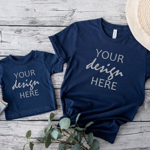 Navy Mama and Me Mockup Bella Canvas 3001 Mockup Tshirt Mockup Mommy & Me Mock Up Child Baby Toddler Tee Mockup Styled Flat Lay JPG Digital