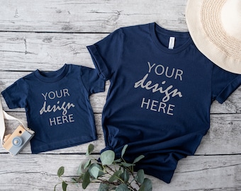 Navy Mama and Me Mockup Bella Canvas 3001 Mockup Tshirt Mockup Mommy & Me Mock Up Child Baby Toddler Tee Mockup Styled Flat Lay JPG Digital