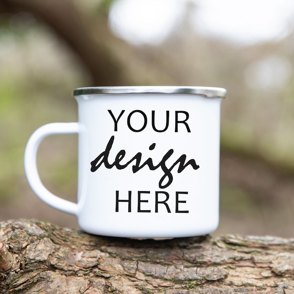 White Enamel Camping Cup Mockups Coffee Cup Mug Mock up Stock Photo Forest Mug Hot chocolate Outdoor Vacation JPG Digital Download
