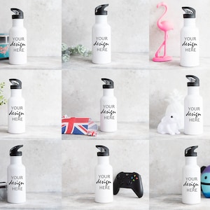 9 x 600ml Water Bottle Mockup Sports Drink Bottle Mock up School Cup Stock Photo Kids Refillable Water Bottle JPG Digital Download