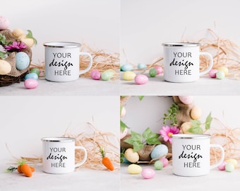 4 x Enamel Camping Cup Mockup Easter Coffee Mock up Mug Stock Photography Mug Photo Graphic Design Mock Up JPG Digital Download