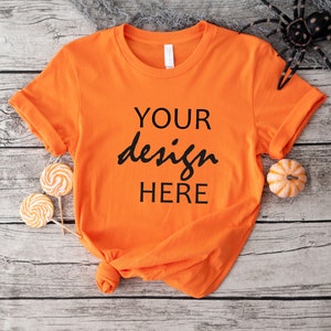 Pomarańczowa Bella Canvas 3001 Koszulka Mockup Jesień T-shirt Mockup Makieta Halloween Mock-up Jesień Dynia Tee Mock Up Cricut JPG Pobieranie cyfrowe