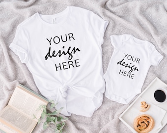 Bella Canvas 3001 Mockup White Tshirt Mockup Mommy & Me Mock Up Mockup Mama Me Baby Bodysuit Mockup Styled Stock Photo Flat Lay JPG Digital