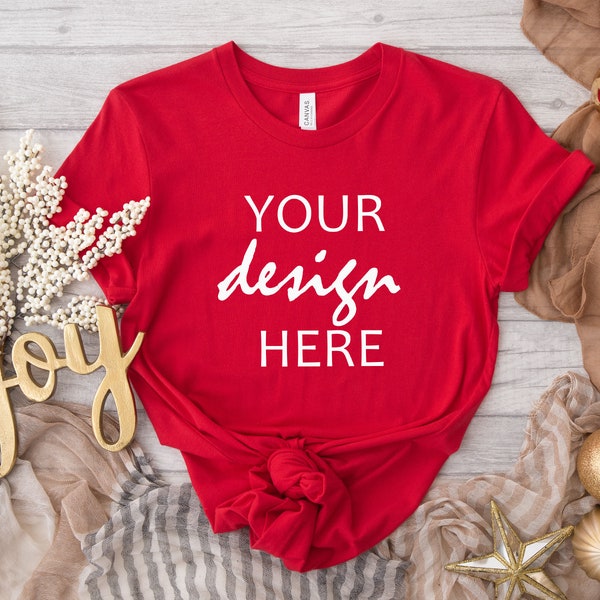 Red Bella Canvas 3001 Shirt Mockup Red Shirt Mockup Christmas Tshirt Mockup Stock Photography SVG Festive Mockup JPG Digital Download