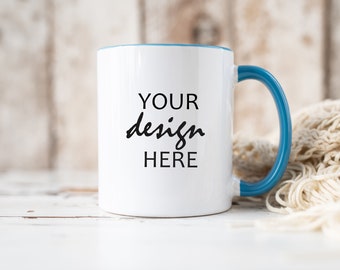 Blue Accent Handle Mug Mock ups Coffee Cup Mug Mockup Styled Stock Rustic Country Mug Valentines Gift Mock Up, JPG Digital Download