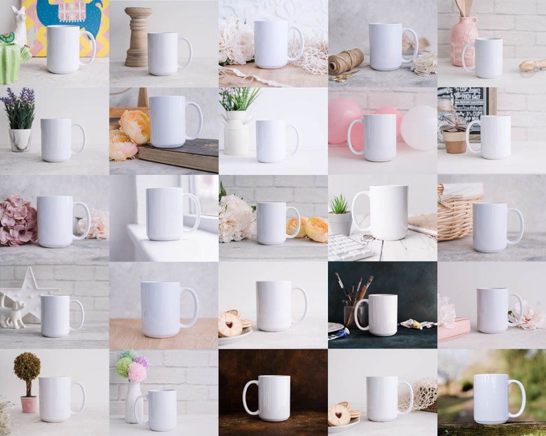 May include: A collection of 25 white ceramic mugs with handles. The mugs are arranged in a grid pattern on a white background. Some of the mugs are on different surfaces, such as wood, brick, and fabric.