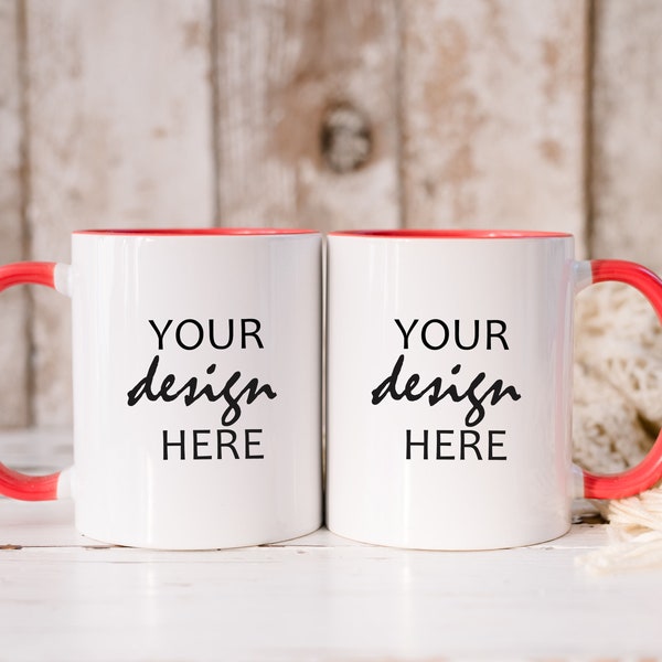 Valentine's Day Red Handle Mug Mock ups Couples Coffee Cup Mockup Styled Stock Rustic Country Valentines Gift Mock Up, JPG Digital Download