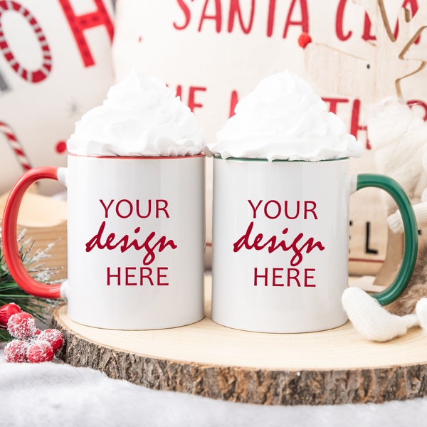 Red Green Handle Coffee Cup Mock up Accent Mug Mockup Christmas Mockup Styled Couples Winter Mug Holiday Glass Mock Up JPG Digital Download