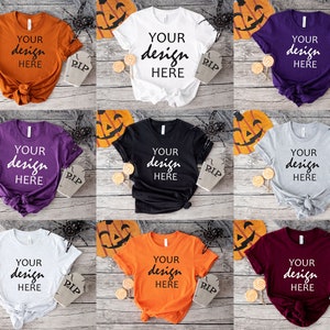 9 x Halloween Bella Canvas 3001 Makieta koszulek Jesienna koszulka Makieta Pomarańczowy Fioletowy Czarny Makieta Jesienna dynia Koszulka JPG Pobieranie cyfrowe