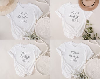 4 x Bella Canvas White Shirt Mock up Rolled Sleeve T-Shirt Mock Up Tee Mockup, Styled Stock Photo Flat Lay Mock Up JPG Digital