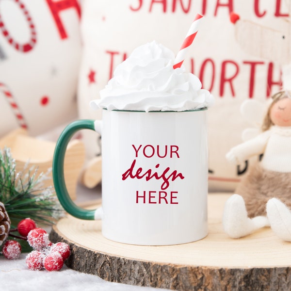 Green Handle Coffee Cup Mock up Green Accent Mug Mockup Christmas Mockup Styled Winter Mug Holiday Glass Mock Up JPG Digital Download