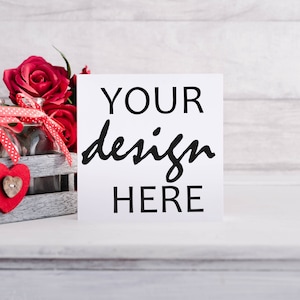 正方形のバレンタインカードのモックアップ「I Love you」素朴なクリスマスの結婚式、ライフスタイル写真のサンキューカードのモックアップ、Jpeg インスタントダウンロード