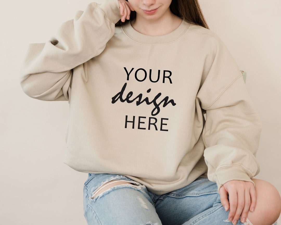 Sand Sweater Mockup Gildan 18000 Mockup Gildan Sweatshirt Mockup Model