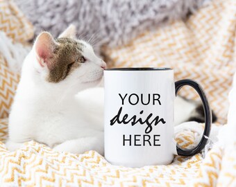 15 oz Black Mug MockUp Cat Mug Black Handle Coffee Cup Mock Up Kitten Styled Stock Rustic Farmhouse Coffee Cup Mockup JPG Digital Download