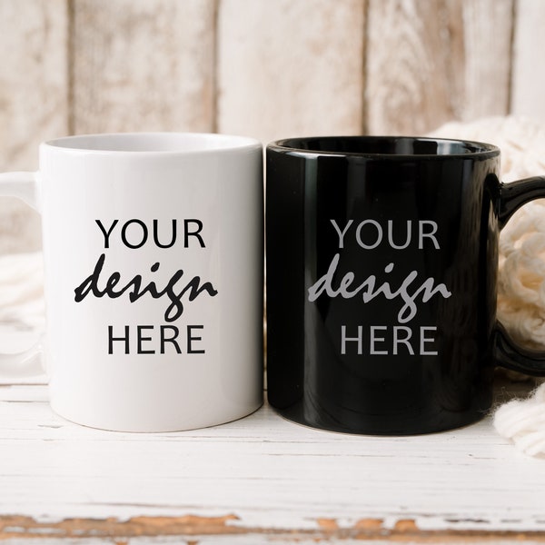 His and Hers Coffee Mug Mockup Black Couples Coffee Cups Mugs Mockup Two Coffee Cups Double Wedding Styled Stock Photo JPG Digital Download