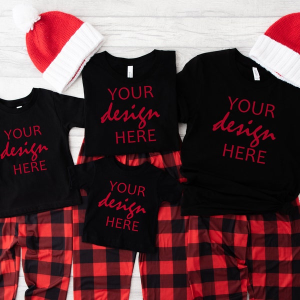 Family Christmas Bella Canvas 3001 Mockup Matching Black Tshirt Mommy & Me Mama Toddler Kids Child Pyjamas Mockup Flat Lay JPG Digital