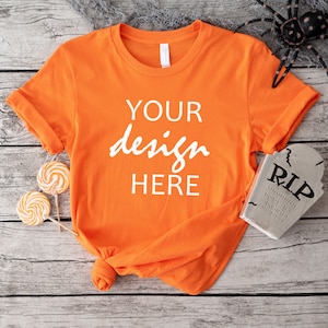 Pomarańczowa Bella Canvas 3001 Koszulka Mockup Jesień T-shirt Mockup Makieta Halloween Mock-up Jesień Dynia Tee Mock Up Cricut JPG Pobieranie cyfrowe